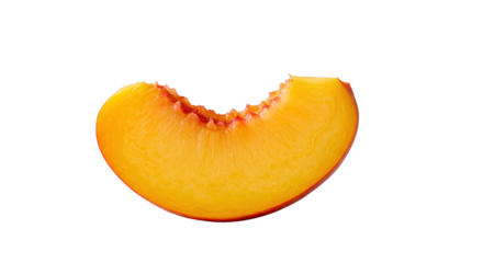 Vibrant yellow-orange peach slice with clean bite mark, juicy texture, subtle reddish hues on skin, isolated on transparent minimalist surface, Concept of natural health and simple pleasure