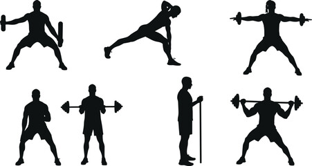 Silhouette of Men Doing Fitness Exercises, Lifting Weights, and Stretching – Workout and Gym Training Vector Illustration Set