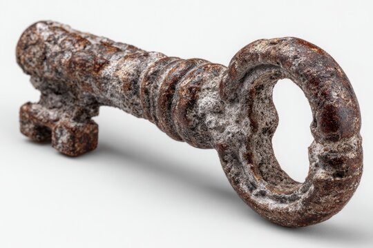 Rusted antique key on white background