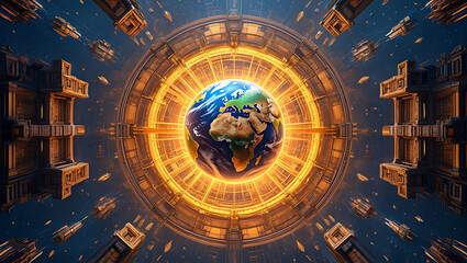 Fototapeta premium Futuristic portal with earth at the center, surrounded by glowing energy and intricate geometric structures in deep space
