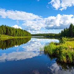 Obraz premium Serene lake scene reflects a vibrant summer sky, showcasing a tranquil landscape with mirrored clouds.
