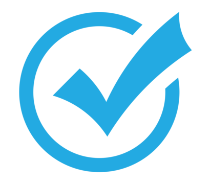 Light blue check mark in outlined circle PNG with transparent background, flat UI symbol for checklist validation, approved tasks, and form success