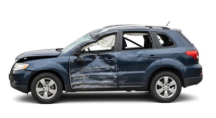 Damaged Blue SUV Car Accident Crash isolated on white