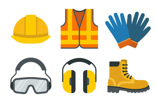 Construction safety gear vector icons, hard hat safety vest gloves boots goggles ear protection, personal protective equipment set