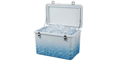 Cooler filled with ice cubes isolated on transparent background