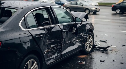 Damaged car after an accident on a wet road