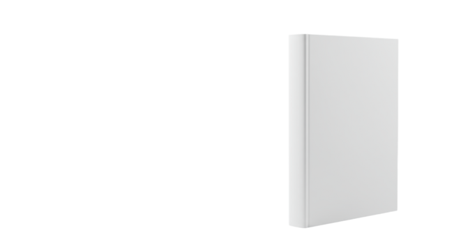 A pristine blank white hardcover book standing vertically, spine visible, in a vast transparent high-key studio with negative space, concept of new beginnings and untapped potential