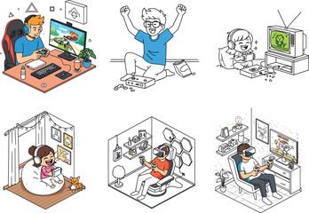Cartoon gamers playing video games at home, console, VR headset, PC setup, retro gaming, handheld, virtual reality, esports fun