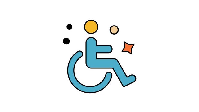 Animated disability accessibility sign in inclusive vibrant setting with wheelchair user. Suitable for promoting inclusive environments and disability awareness.