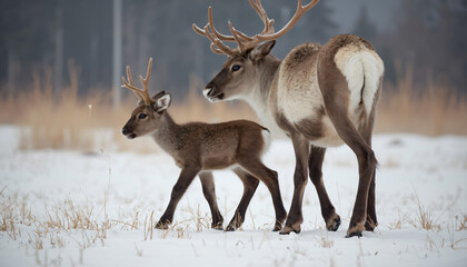 Obraz premium Adult and young reindeer in snow