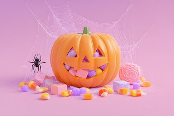 Colorful pumpkin filled with candy on a pink backdrop Generative AI