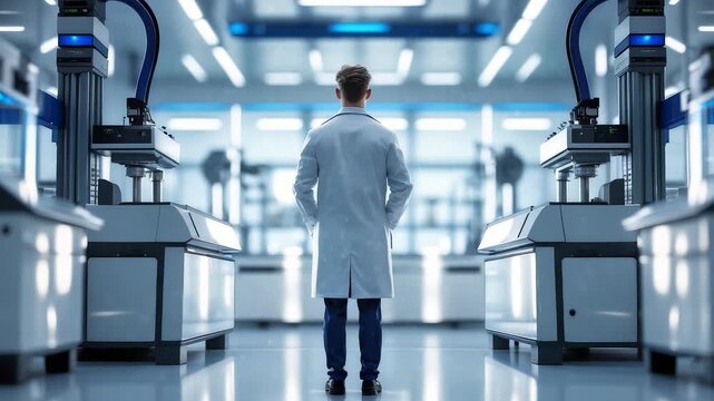 Scientist in laboratory coat standing inside advanced research facility with automated robotic equipment and bright modern interior lighting