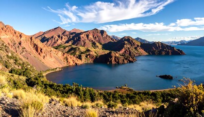 Panoramic view of a lake nestled amongst colorful mountains