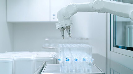 Automated robotic arm transferring samples into vials in a laboratory setting
