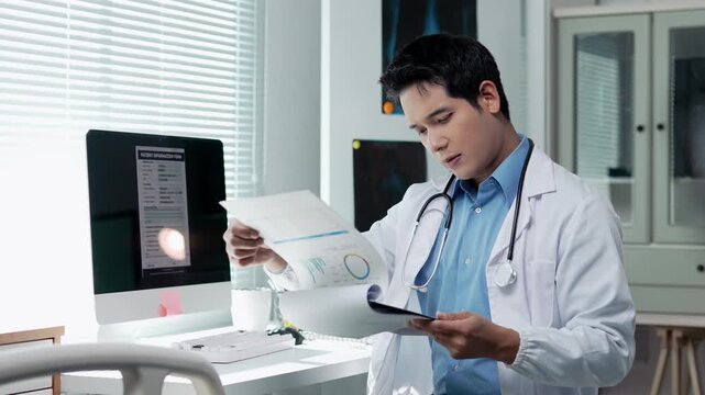 Healthcare worker intently reviewing medical documents, focusing on patient data with serious precision and empathetic professional dedication