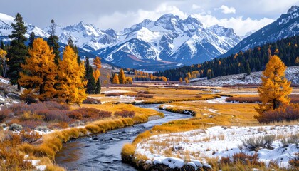 Autumnal mountain stream winding through a meadow blanketed in gold and russet leaves, with snow-capped peaks in the distance