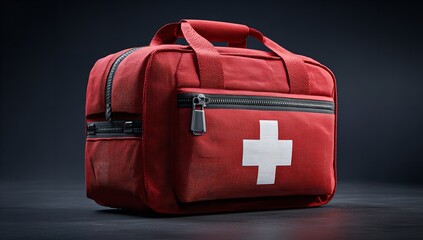 Red medical bag with cross symbol on dark backdrop, 3D illustration of first aid kit for emergency care, health protection, and hospital advertising template