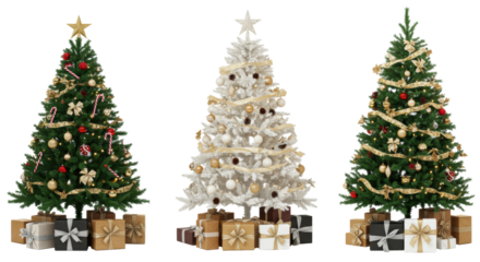 Three distinct Christmas trees—traditional green with red/gold, flocked white with silver, and green with gold/silver—with elegant gifts on a transparent studio background with copy space. Festive