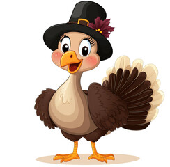  cute cartoon turkey wearing a black hat, on a transparent background