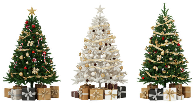 Three distinct Christmas trees—traditional green with red/gold, flocked white with silver, and green with gold/silver—with elegant gifts on a transparent studio background with copy space. Festive - Powered by Adobe
