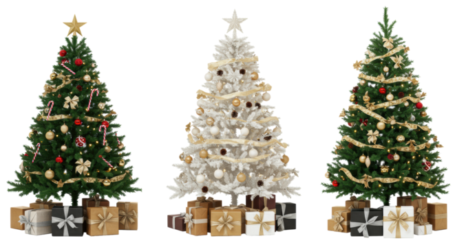 Three distinct Christmas trees—traditional green with red/gold, flocked white with silver, and green with gold/silver—with elegant gifts on a transparent studio background with copy space. Festive - Powered by Adobe