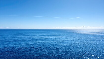 Obraz premium Vast expanse of deep blue ocean meeting a clear, bright blue sky