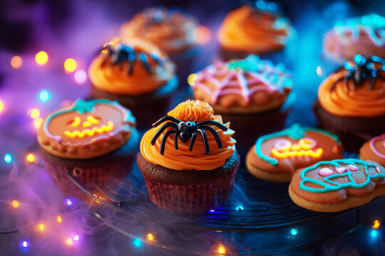Colorful spider cupcakes and Halloween-themed cookies adorn a glass platter. The setting is festive, illuminated by autumn lights, perfect for seasonal celebrations and gatherings - Powered by Adobe