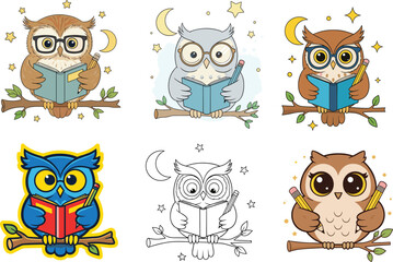 Cute cartoon owls reading books with glasses, moon and stars, educational animal vector set for kids, school learning, bedtime reading scenes