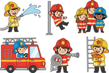 Cute cartoon kids firefighters in helmets, fire truck, hose, climbing pole, rescue cat, fire safety team, vector illustration for kids learning and emergency awareness
