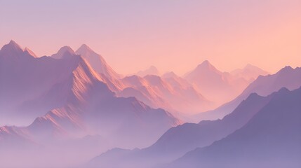 Obraz premium Serene pastel mountain range at dawn, soft light, minimalist landscape, peaceful nature scene, atmospheric perspective