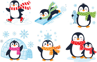Cute cartoon penguins playing in winter, wearing scarves, skating, sliding on ice, with snowflakes, igloo, and frozen landscape, flat vector illustration