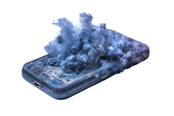 A smartphone enveloped in a cloud of debris