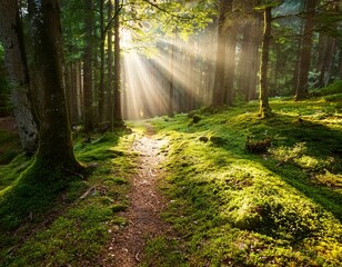 Fototapeta premium sunbeams illuminating a forest path and mossy ground