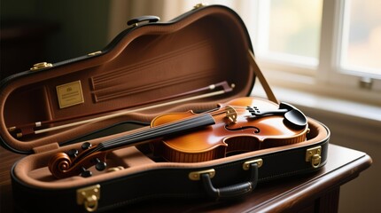 Obraz premium Violin in a case on a wooden table by a window