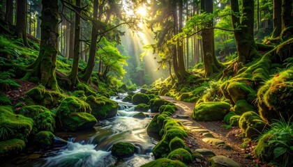Obraz premium Sunbeams pierce a lush forest path winding beside a moss-covered stream