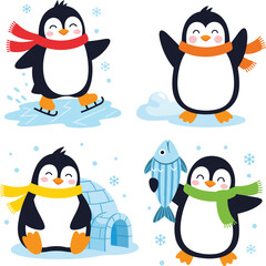 Cute penguins in winter scene, wearing colorful scarves, ice skating, holding fish, sitting near igloo, snowflakes falling, cartoon animal illustration