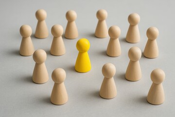 Obraz premium A group of wooden figures surrounds a single yellow figure, symbolizing uniqueness and individuality amidst conformity.
