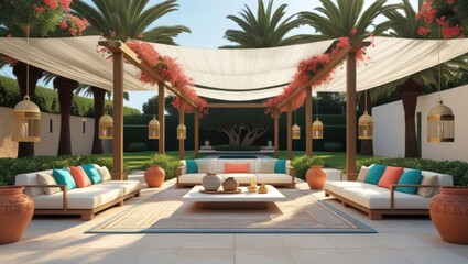 A stylish outdoor seating area under a light-filled pergola with decorative lanterns, soft furnishings, and a serene ambiance.
