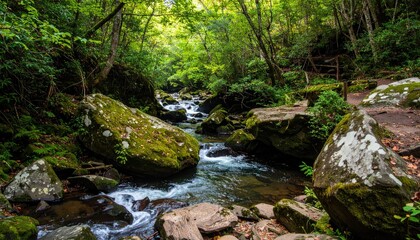 Obraz premium Lush, mossy stream winding through a dense forest. Sunlight filters through the trees, illuminating the flowing water and large rocks