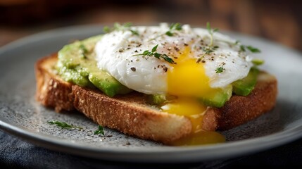 Close up of a delicious poached egg with a runny yolk on sliced avocado toast seasoned with pepper and thyme for a healthy breakfast