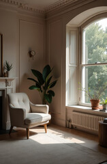 A white armchair in a room with an arched window.