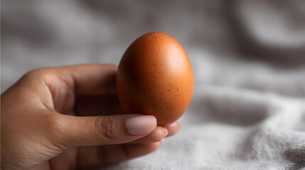 A human hand gently holds a single brown egg sharply focused against a soft blurred light gray background