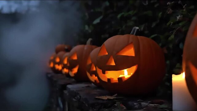 A spooky row of glowing Jack-o'-lanterns with carved faces sitting on a stone wall on a foggy Halloween night