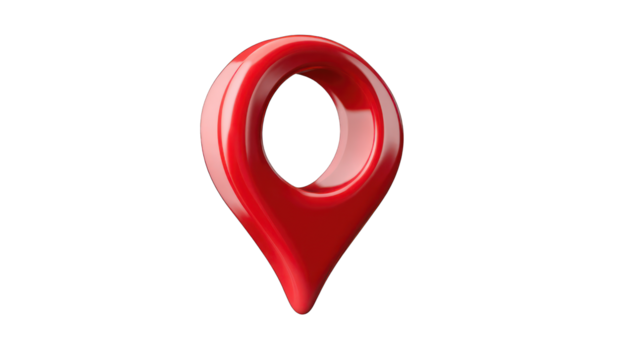 Red glossy location pin graphic on black background