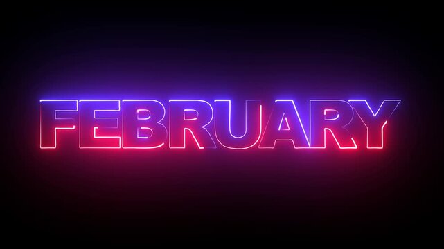 Abstract glowing text month February light neon black background. Word February neon glowing.