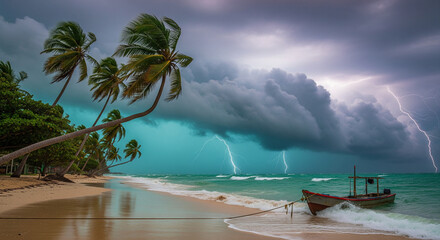 Dramatic Tropical Storm: Lightning Strikes Over the Sea and Palm Trees on a Beach at Dusk