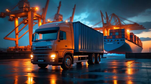 Cargo truck parked at shipping port with large container ship and cranes in evening light showing global logistics and transportation trade
