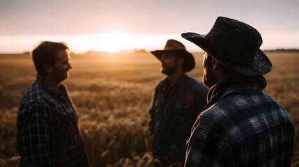 Three male farmers in hats and plaid shirts gather in a golden wheat field at sunset engaged in a conversation about their harvest