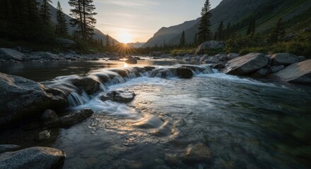 Mountain river at sunset. Sunlight streams over a rocky riverbed