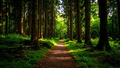 Fototapeta premium Sunlit path through a dense forest